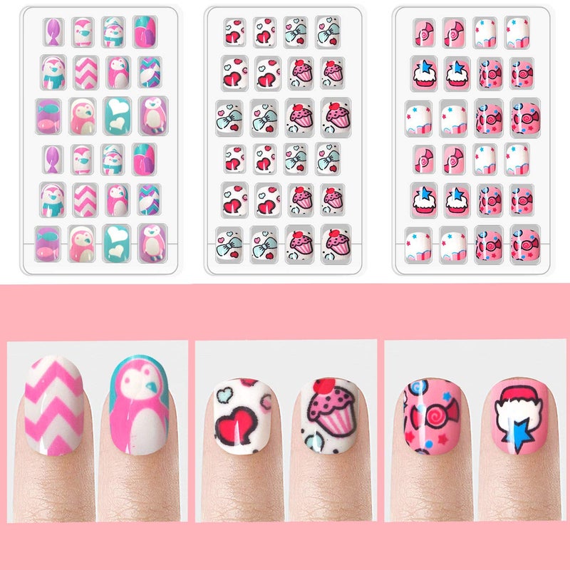 Laza 120pcs Children Nails Girls Press On Artificial Nail Tips Pre-glue Full Cover Short Cute False Nail Kits Lovely Christmas Gift for Children Kids Little Girl Nail Art Decoration - Fairy Kingdom - Image 3